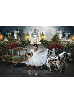 Puff Sleeves Ivory Satin Lace Floral Flower Girl Dress With Removable Train